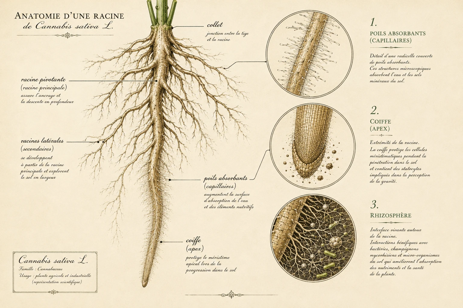 Anatomie d'une racine de chanvre : collet, racine pivotante, racines latérales, poils absorbants, coiffe et rhizosphère